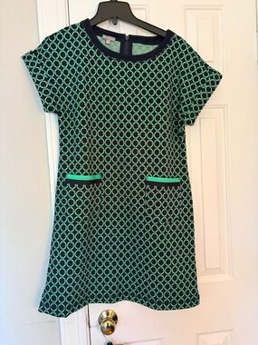 Ladies' Short-Sleeve Geometric Shift Dress in Teal and Navy